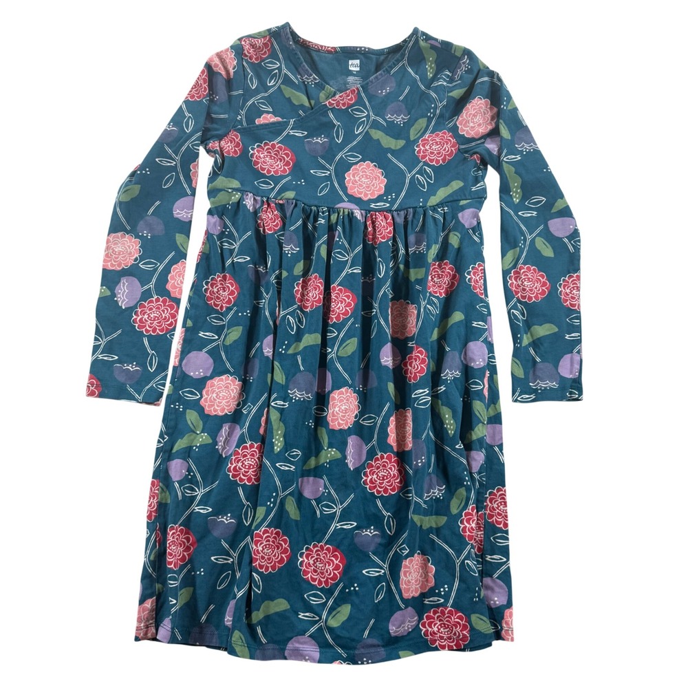 Tea Collection Girls Teal Pink Floral Long Sleeve Empire Waist Dress‎ 10